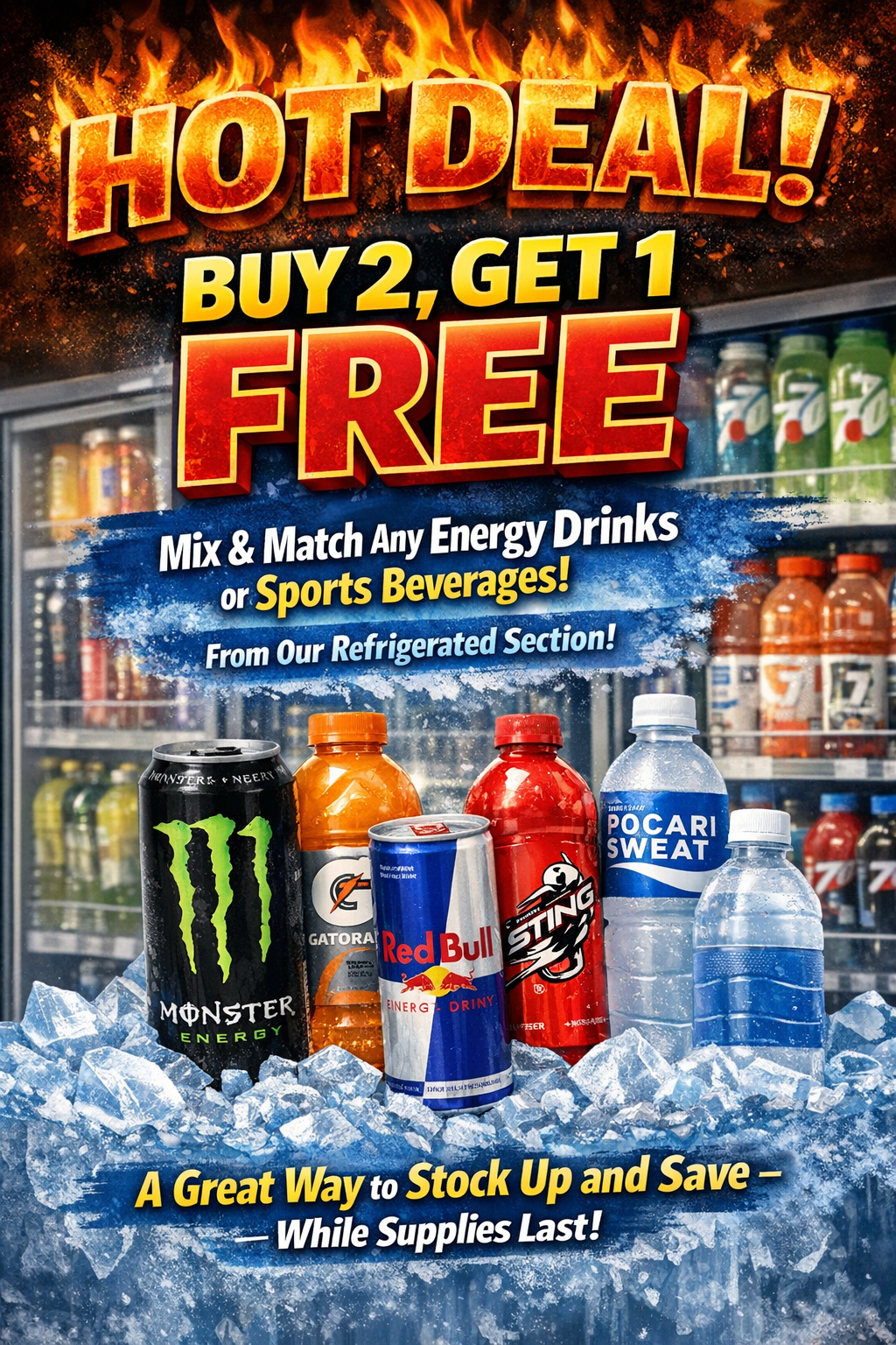 Buy 2 Get 1 Free promotion on energy drinks and sports beverages