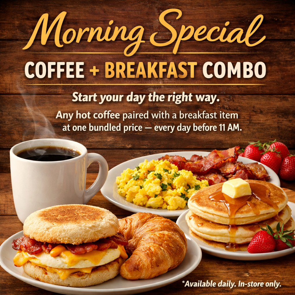 Morning combo — any hot coffee paired with a breakfast item